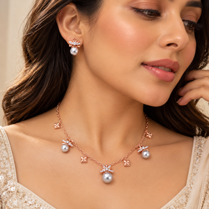 Pearl & Diamond Floral Gold Necklace Set