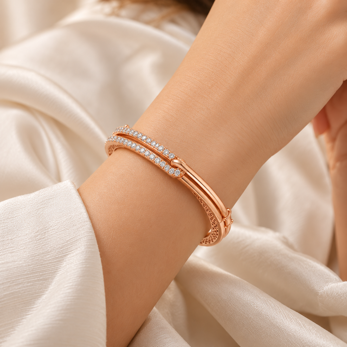 18KT Rose Gold Dual-Row Pavรฉ Diamond Bypass Bangle Bracelet