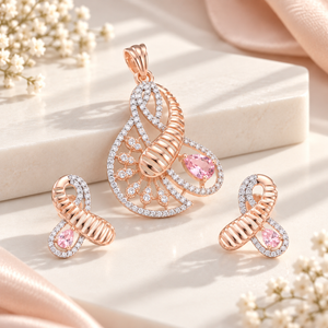 18KT Rose Gold Diamond & Pink Gemstone Pendant Set