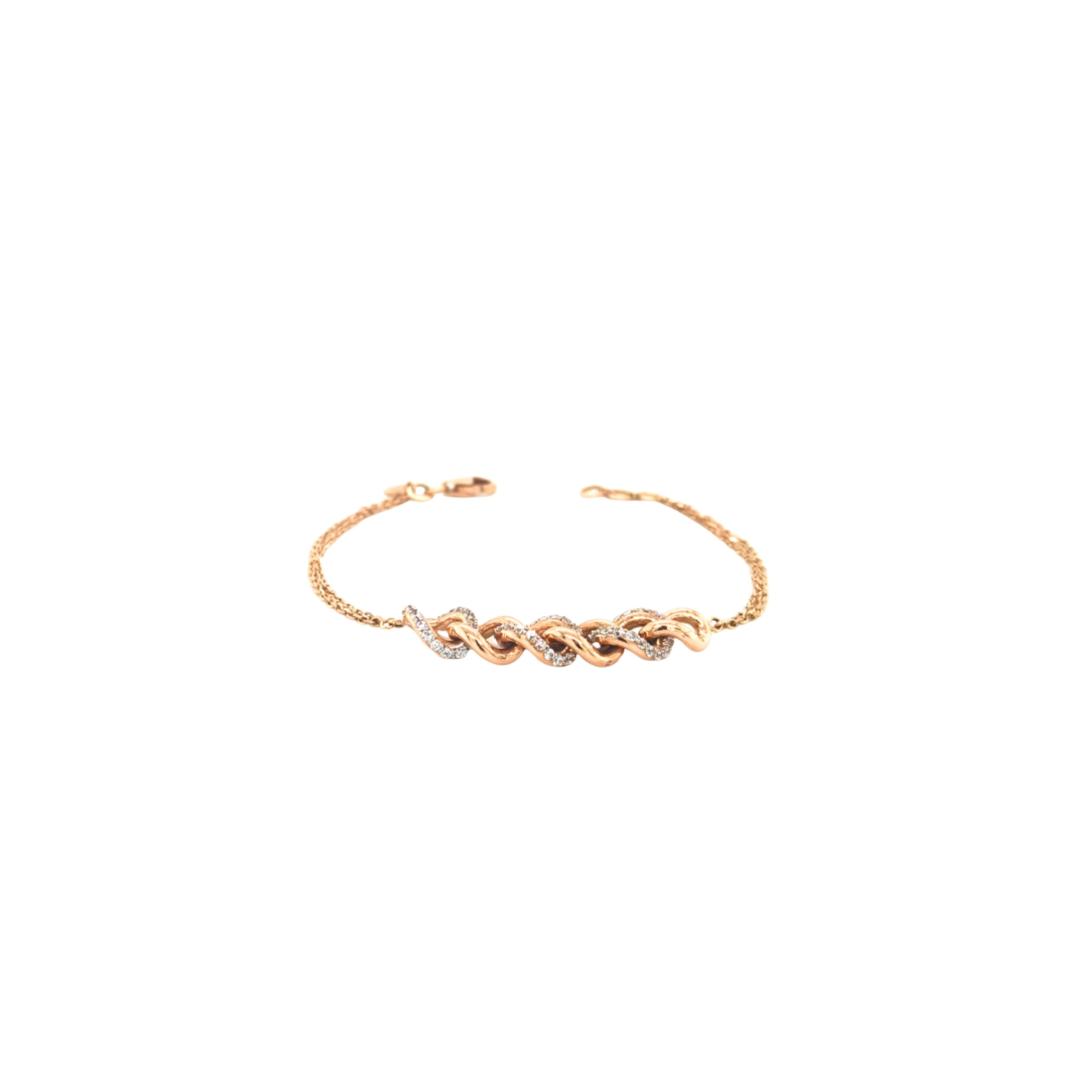 Elegant rose gold bracelet featuring intertwined infinity-style links adorned with sparkling diamond accents on a delicate chain with an adjustable clasp.