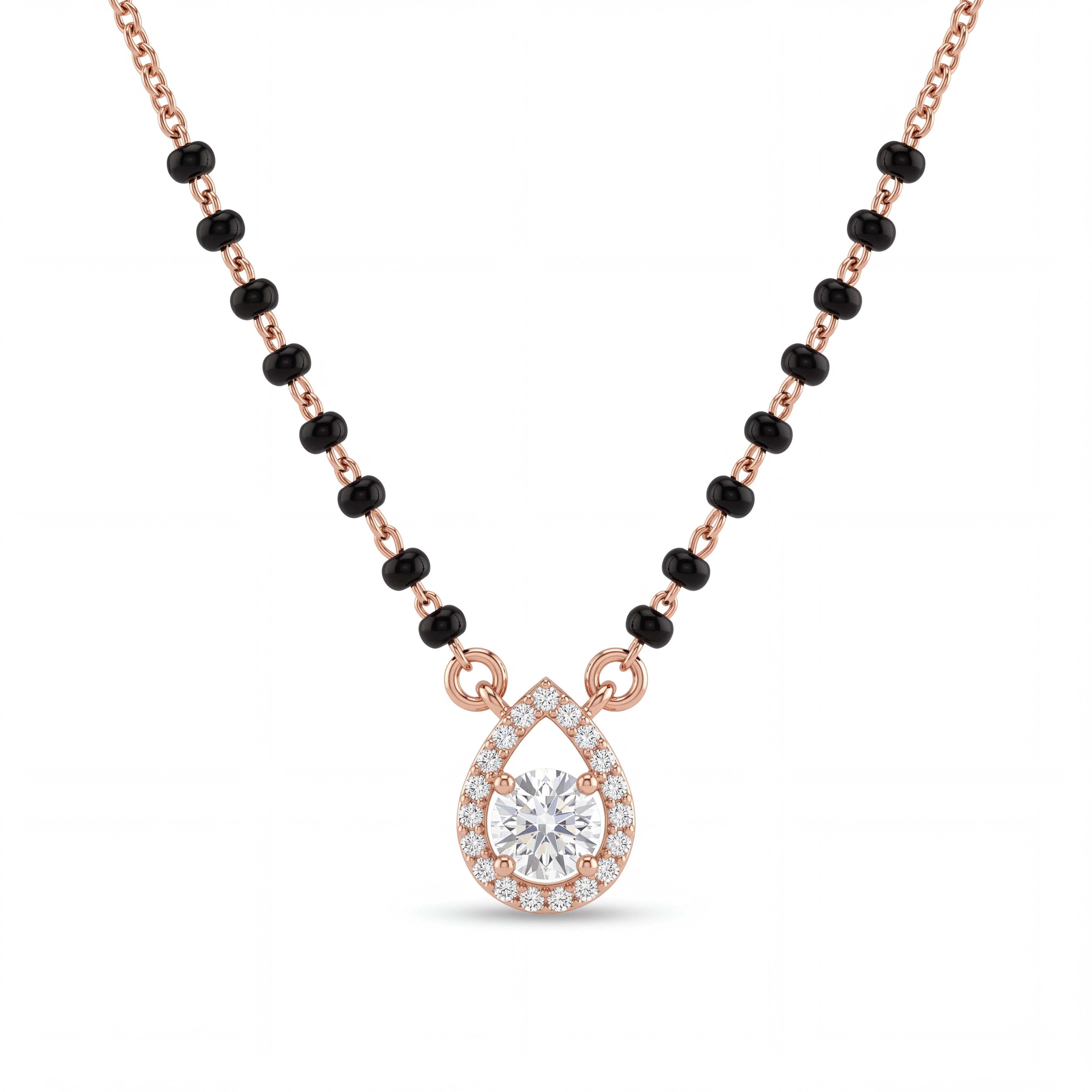 Elegant rose gold mangalsutra necklace featuring black beads and a sparkling teardrop-shaped diamond pendant with halo detailing on a white background.