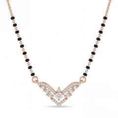 Elegant rose gold mangalsutra necklace featuring black beads and a sparkling V-shaped diamond pendant with wing-inspired detailing on a white background.