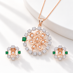 18KT Rose Gold Diamond & Emerald Floral Pendant Set