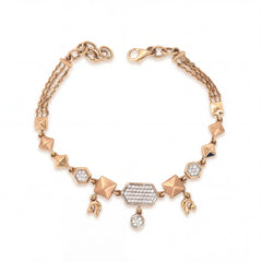 Stylish rose gold bracelet featuring geometric pyramid motifs, sparkling diamond accents, and dangling charm details with an adjustable chain clasp on a white background.