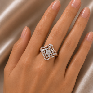 Elegant rose gold diamond ring featuring a square openwork design with a round center diamond, surrounded by intricate diamond detailing and delicate geometric accents.