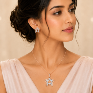 Elegant woman wearing a rose gold star-shaped diamond pendant necklace with matching star earrings, featuring sparkling stones and an open star design.