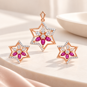 18KT Rose Gold Diamond & Pink Sapphire Star Pendant Set