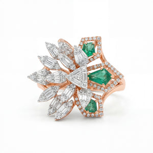 Rose gold ring with emeralds and diamonds