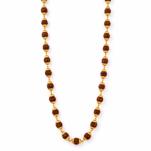 Traditional Rudraksha necklace featuring large textured Rudraksha beads with intricate gold bead caps and delicate gold links, arranged in an elegant long necklace design.