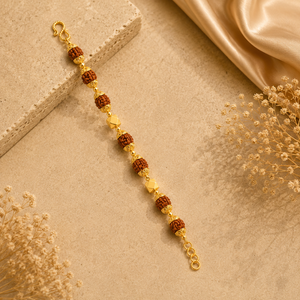 Gold bracelet featuring multiple Rudraksha beads with intricate gold detailing and geometric gold accents, finished with an adjustable clasp.