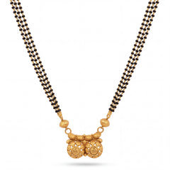 Elegant 22K gold mangalsutra necklace with triple black bead chains, textured gold side beads, and intricate dual motif pendant on a white background by Pachchigar Jewellers Ashokbhai.