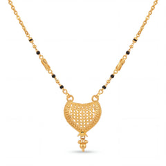 Elegant 22K gold mangalsutra necklace with black bead chain, decorative gold side beads, and intricate heart-shaped filigree pendant with hanging gold drops on a white background by Pachchigar Jewellers Ashokbhai.