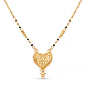 Elegant 22K gold mangalsutra necklace with black bead chain, decorative gold side beads, and intricate heart-shaped filigree pendant with hanging gold drops on a white background by Pachchigar Jewellers Ashokbhai.