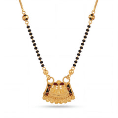 Elegant 22K gold mangalsutra necklace with black bead chain, decorative gold side beads, and ornate temple-inspired pendant with enamel detailing on a white background by Pachchigar Jewellers Ashokbhai.