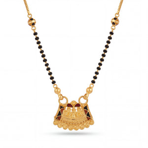 Elegant 22K gold mangalsutra necklace with black bead chain, decorative gold side beads, and ornate temple-inspired pendant with enamel detailing on a white background by Pachchigar Jewellers Ashokbhai.