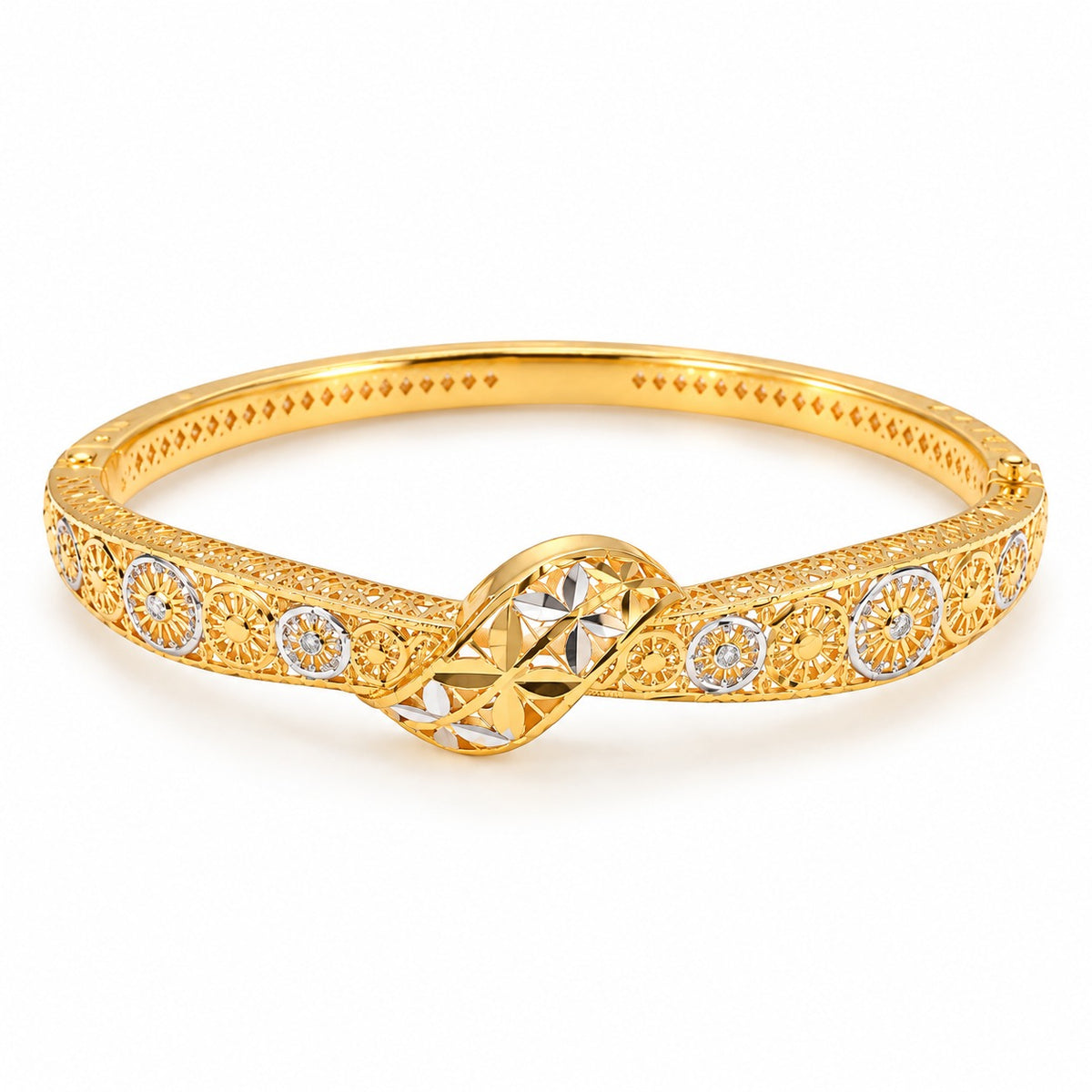22KT Gold Floral Filigree Kada with Two-Tone Accents