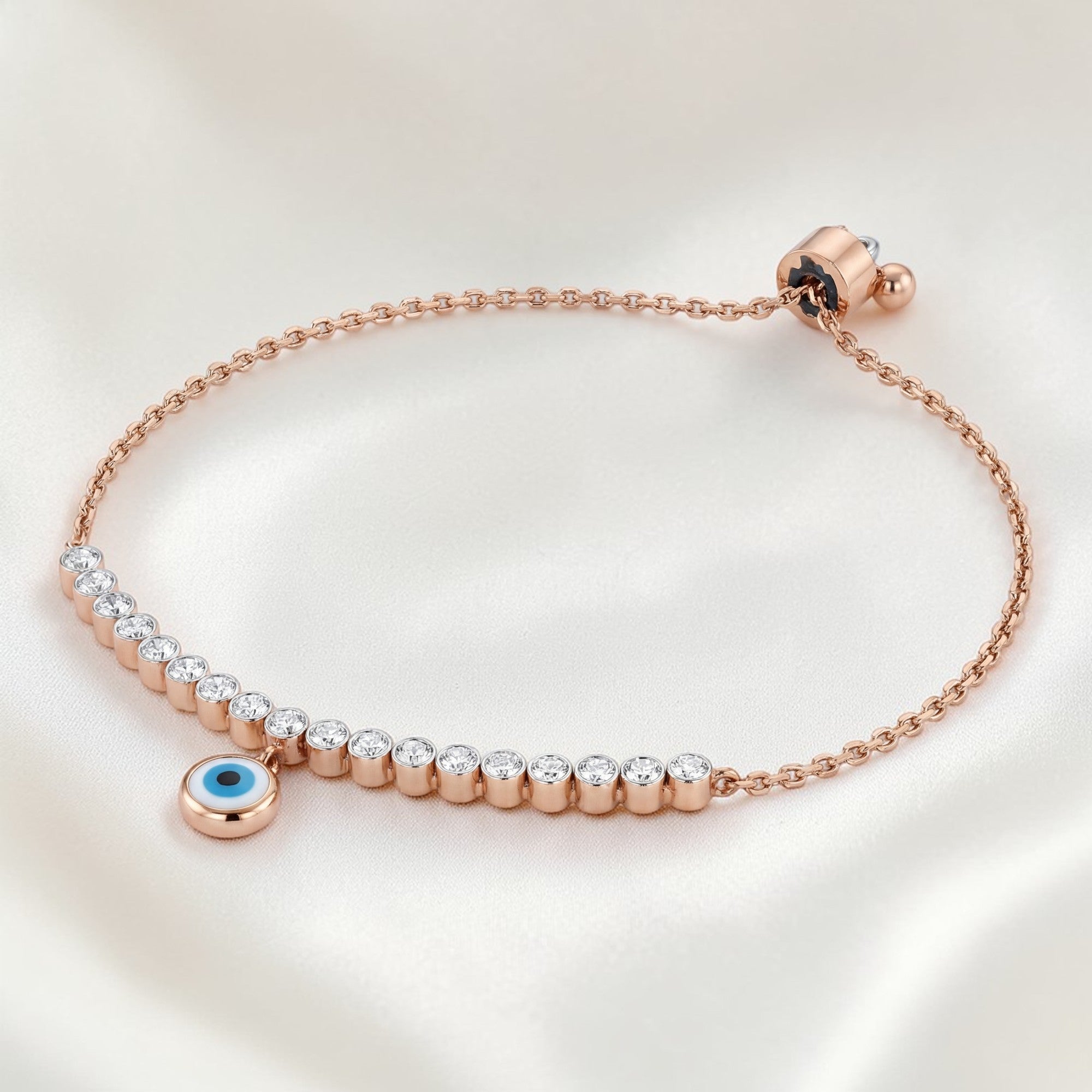 18KT Rose Gold Diamond Evil Eye Adjustable Bracelet