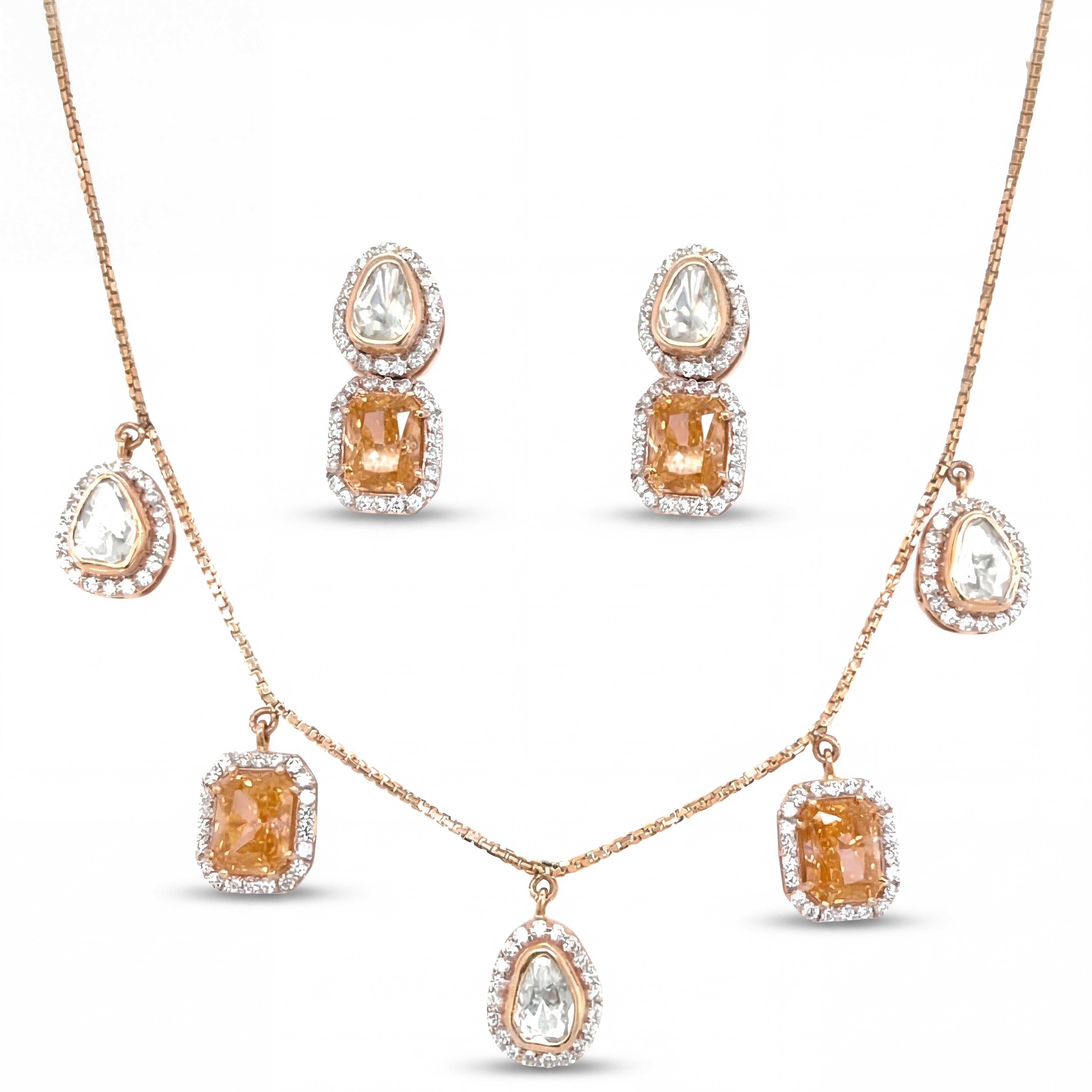 Designer Pendant Set with Dual Stone Drops & Earrings