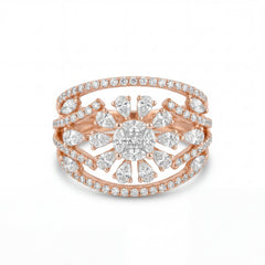 Luxurious 18K rose gold diamond statement ring featuring floral halo design with round, pear and marquise cut diamonds by Pachchigar Jewellers
