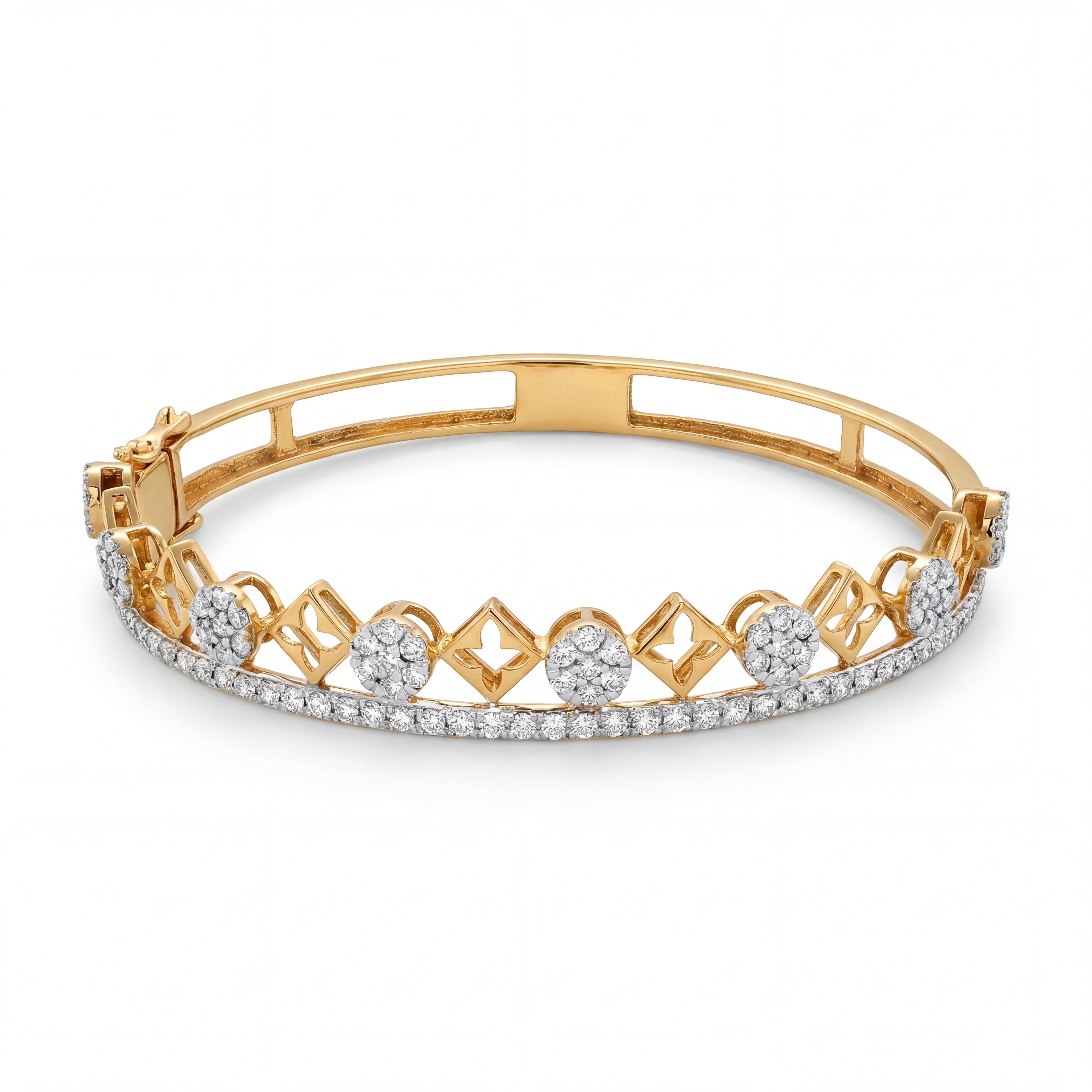Beautiful 18KT gold bracelet bangle showcasing geometric lattice detailing with sparkling diamonds in a luxurious openwork design on a white background.