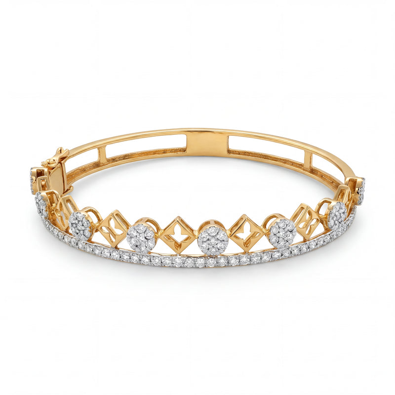 Beautiful 18KT gold bracelet bangle showcasing geometric lattice detailing with sparkling diamonds in a luxurious openwork design on a white background.
