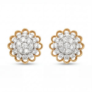 Elegant 18KT gold stud earrings featuring floral cluster design with sparkling round diamonds on a white background.