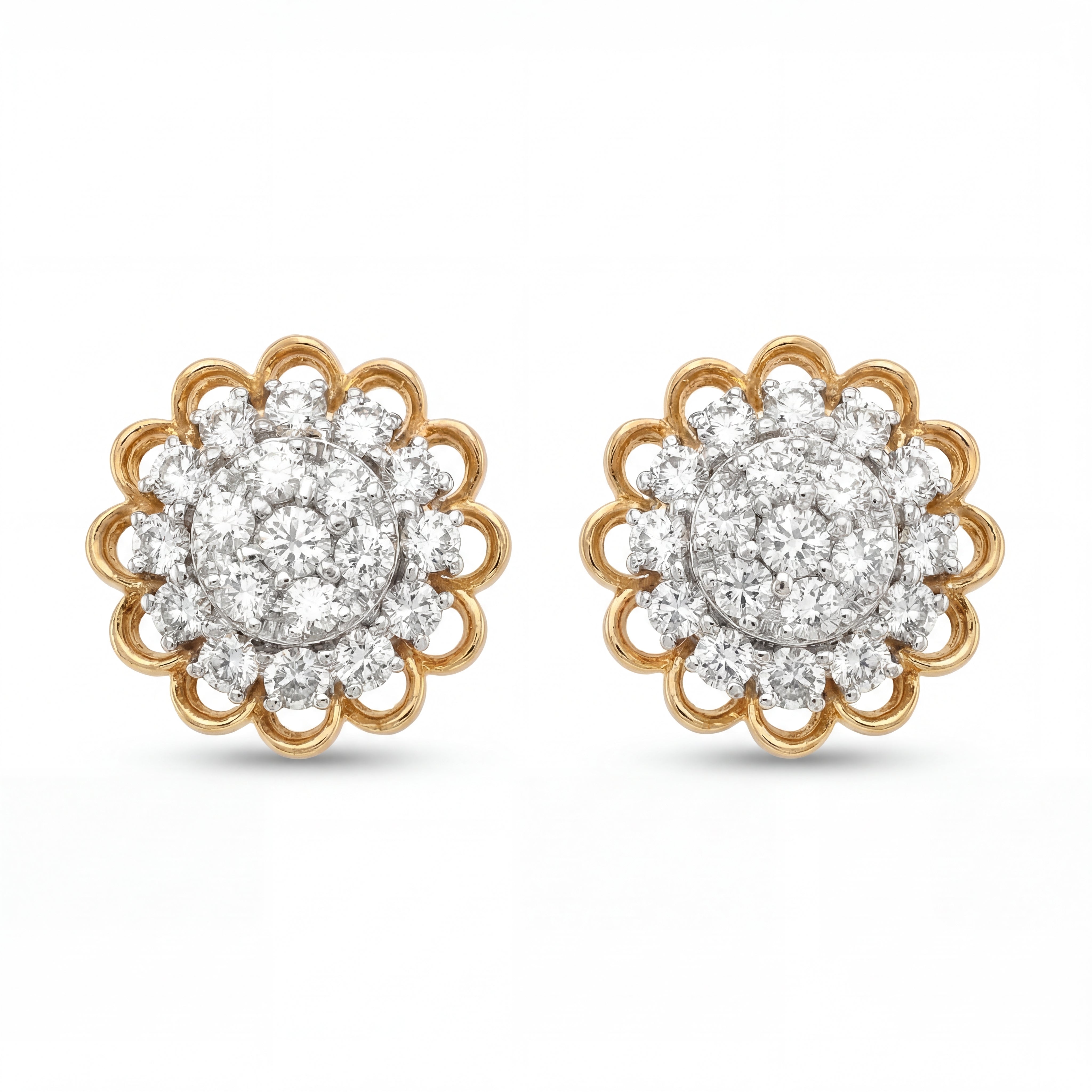 Elegant 18KT gold stud earrings featuring floral cluster design with sparkling round diamonds on a white background.