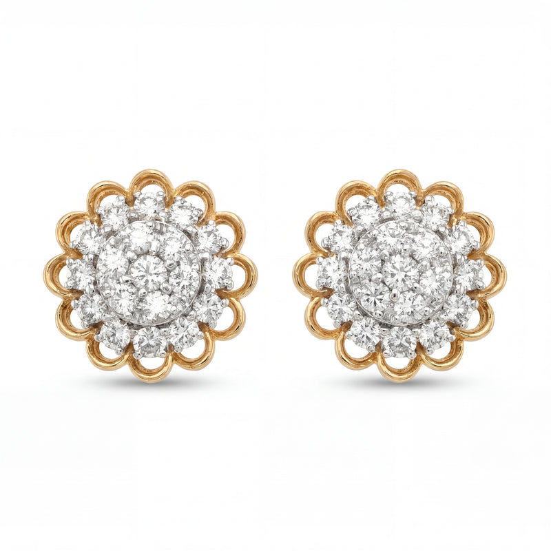 Elegant 18KT gold stud earrings featuring floral cluster design with sparkling round diamonds on a white background.