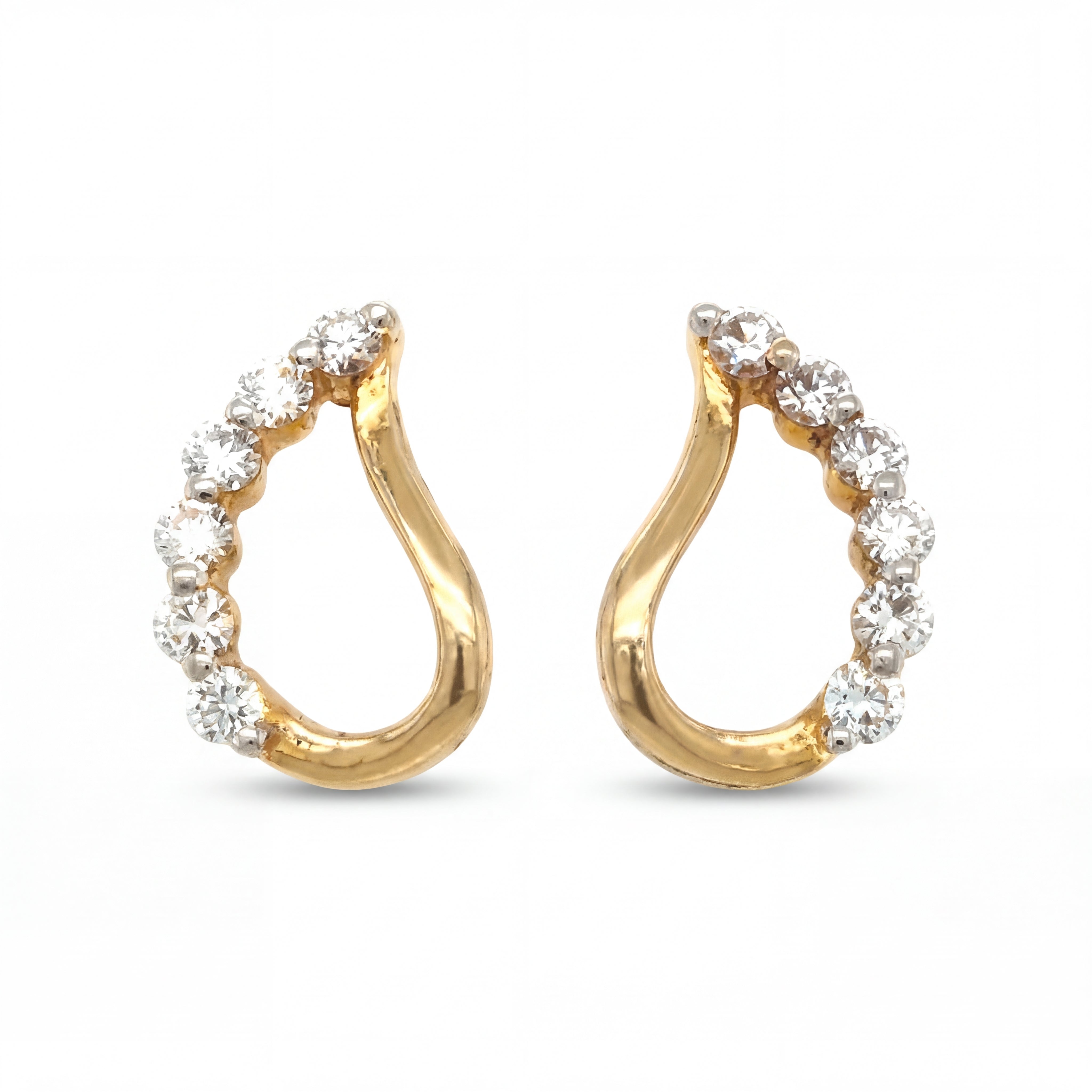 Elegant 18KT gold hoop earrings featuring teardrop open silhouettes with sparkling round diamonds on a white background.