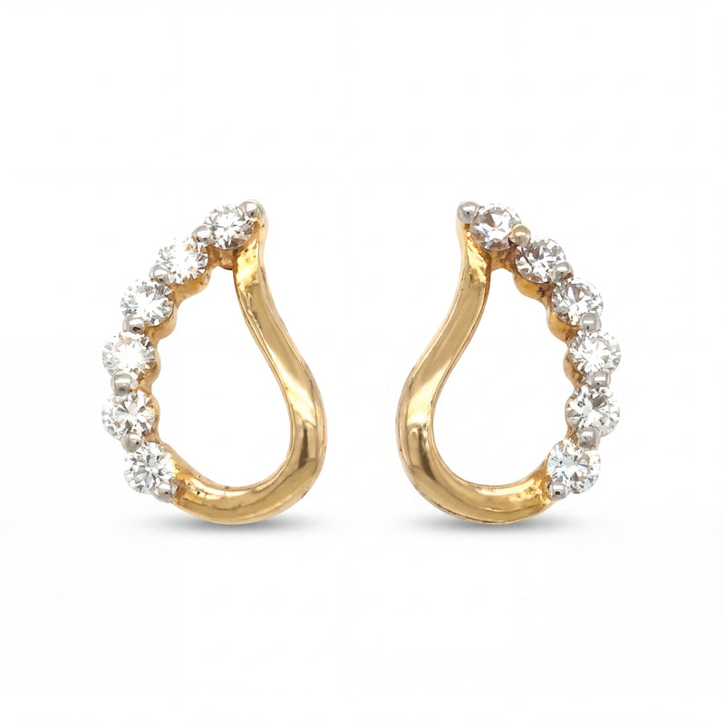 Elegant 18KT gold hoop earrings featuring teardrop open silhouettes with sparkling round diamonds on a white background.