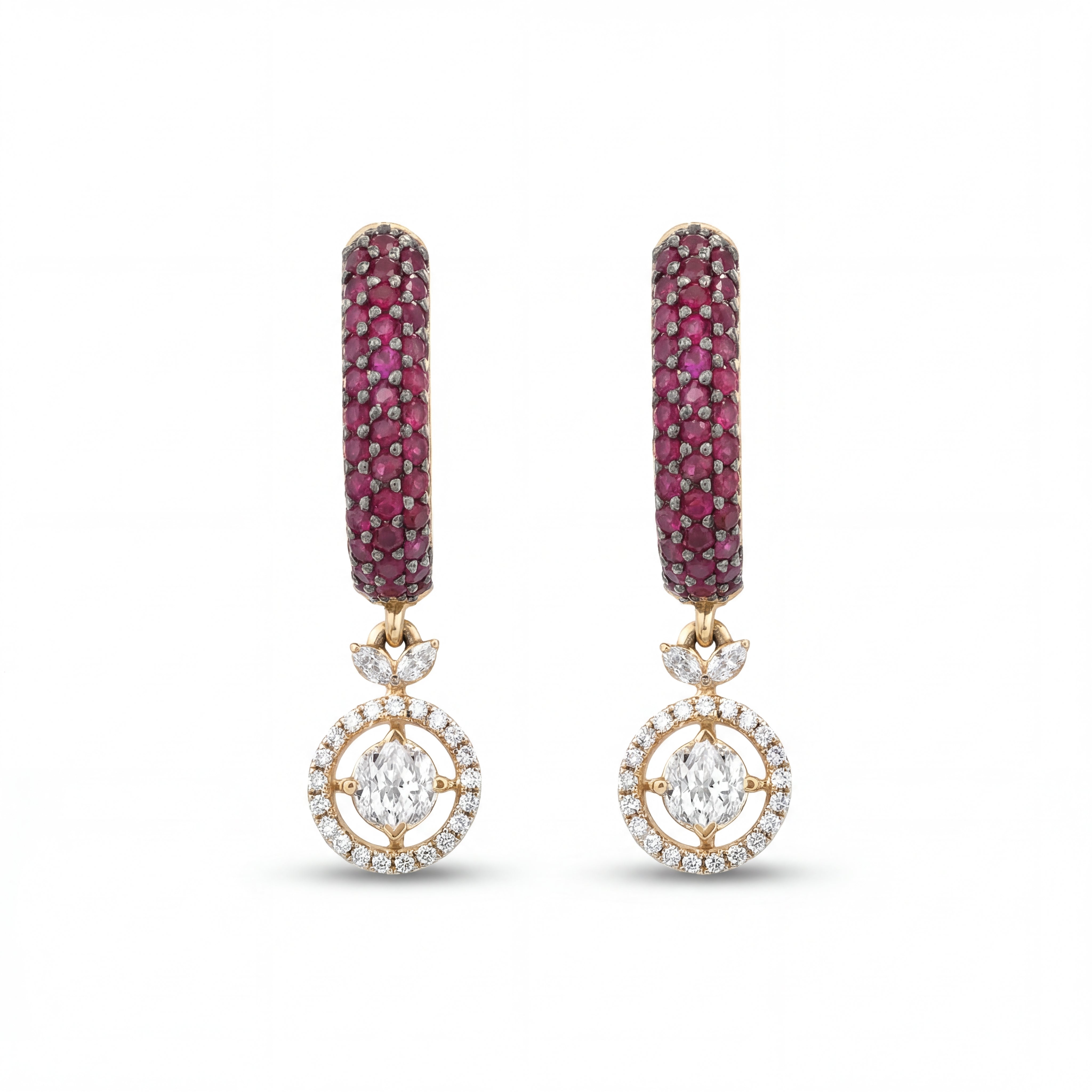 Elegant 18KT gold drop earrings featuring ruby pavé hoops with diamond halo circle drops on a white background.