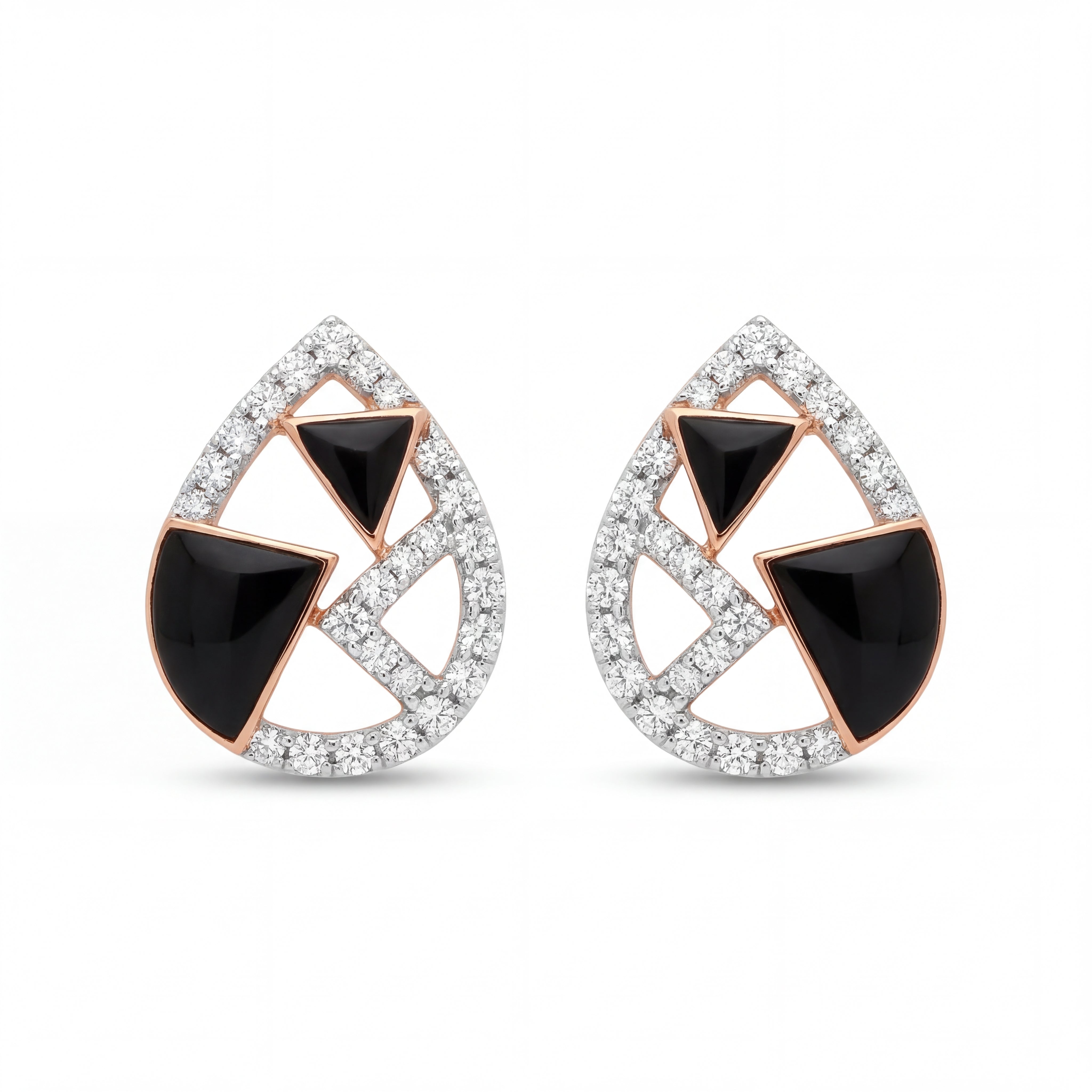 Elegant 18KT rose gold earrings featuring teardrop frames with black onyx accents and sparkling diamond borders on a white background.