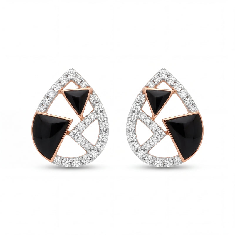 Elegant 18KT rose gold earrings featuring teardrop frames with black onyx accents and sparkling diamond borders on a white background.