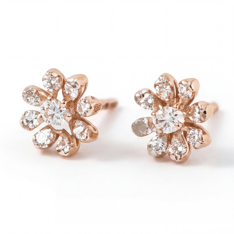 Elegant 18KT rose gold stud earrings featuring flower-shaped diamond clusters with sparkling center stones on a white background.