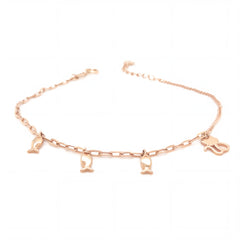 Elegant 18KT rose gold bracelet featuring delicate chain links with hanging fish and butterfly charms on a white background.