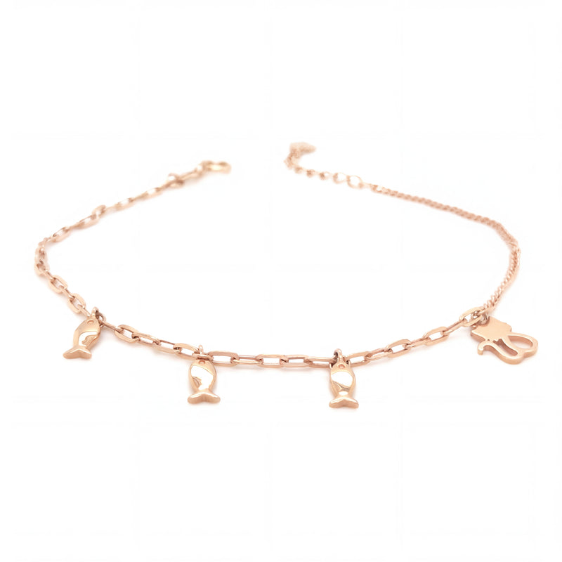 Elegant 18KT rose gold bracelet featuring delicate chain links with hanging fish and butterfly charms on a white background.