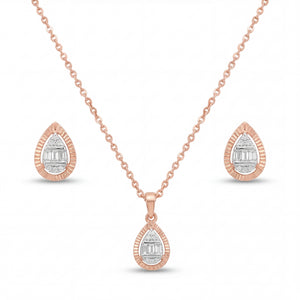 Beautiful 18KT rose gold jewelry set showcasing textured drop motifs with baguette and round diamond accents and matching earrings on a white background.