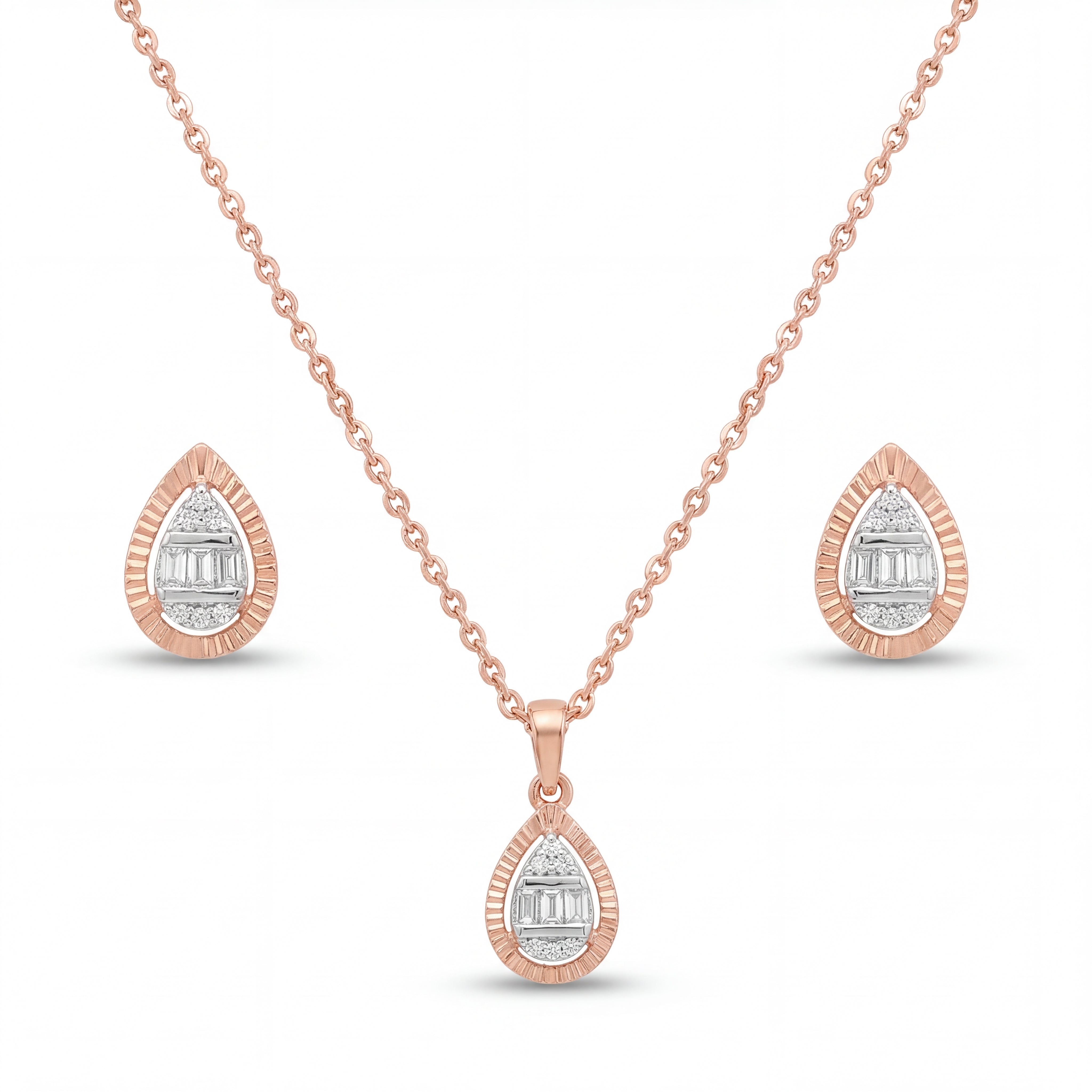 Beautiful 18KT rose gold jewelry set showcasing textured drop motifs with baguette and round diamond accents and matching earrings on a white background.