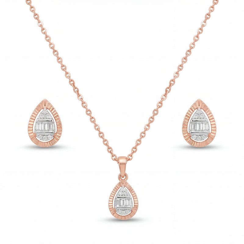 Beautiful 18KT rose gold jewelry set showcasing textured drop motifs with baguette and round diamond accents and matching earrings on a white background.