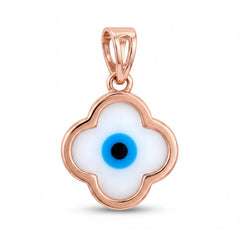 Elegant 18KT rose gold pendant featuring a clover-shaped frame with white enamel center and blue evil eye motif on a white background.