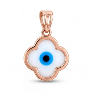 Elegant 18KT rose gold pendant featuring a clover-shaped frame with white enamel center and blue evil eye motif on a white background.
