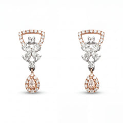 Beautiful 18KT rose gold earrings showcasing geometric tops with cascading floral diamonds and sparkling teardrop pendants on a white background.