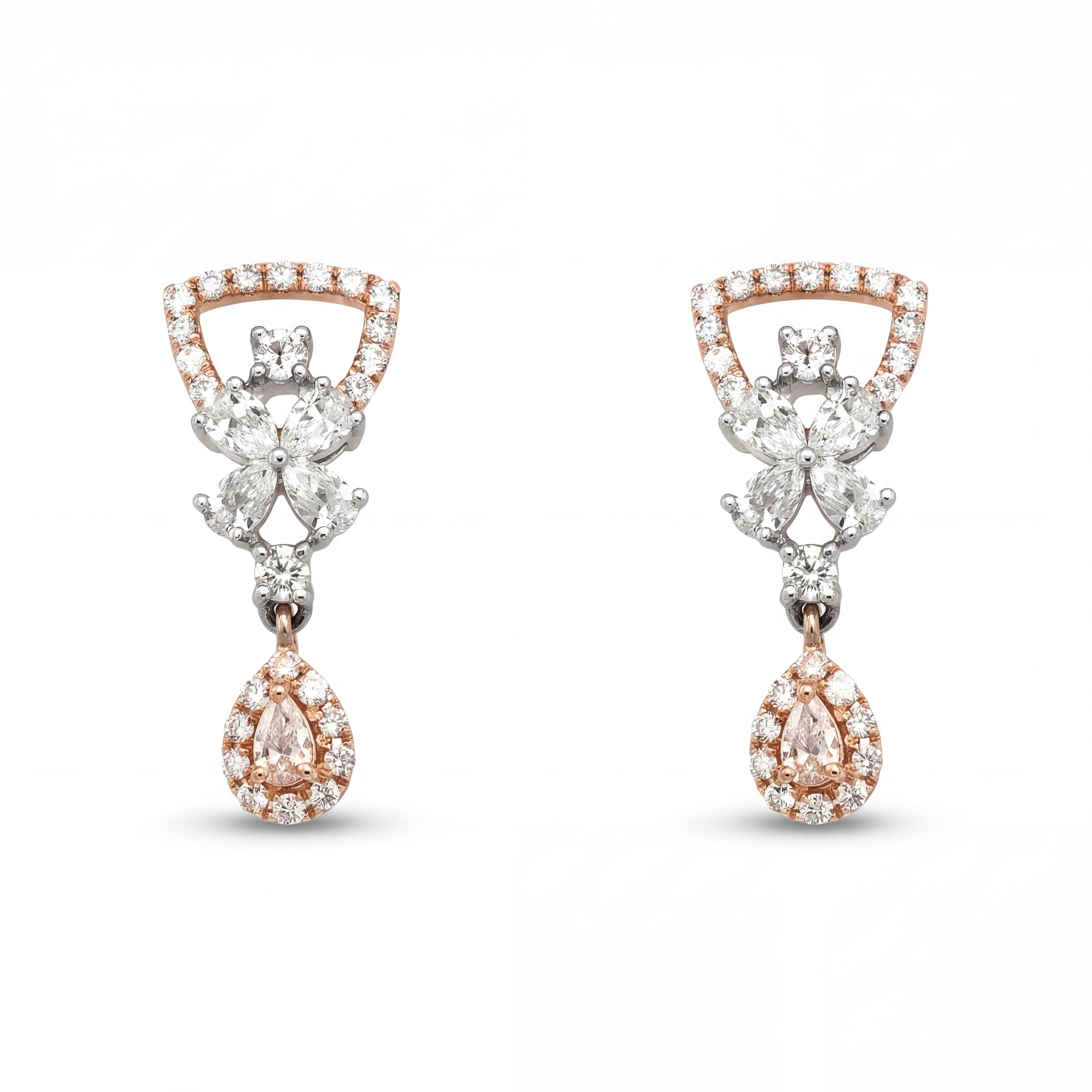 Beautiful 18KT rose gold earrings showcasing geometric tops with cascading floral diamonds and sparkling teardrop pendants on a white background.