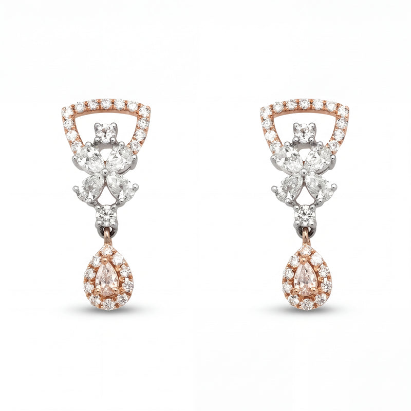 Beautiful 18KT rose gold earrings showcasing geometric tops with cascading floral diamonds and sparkling teardrop pendants on a white background.