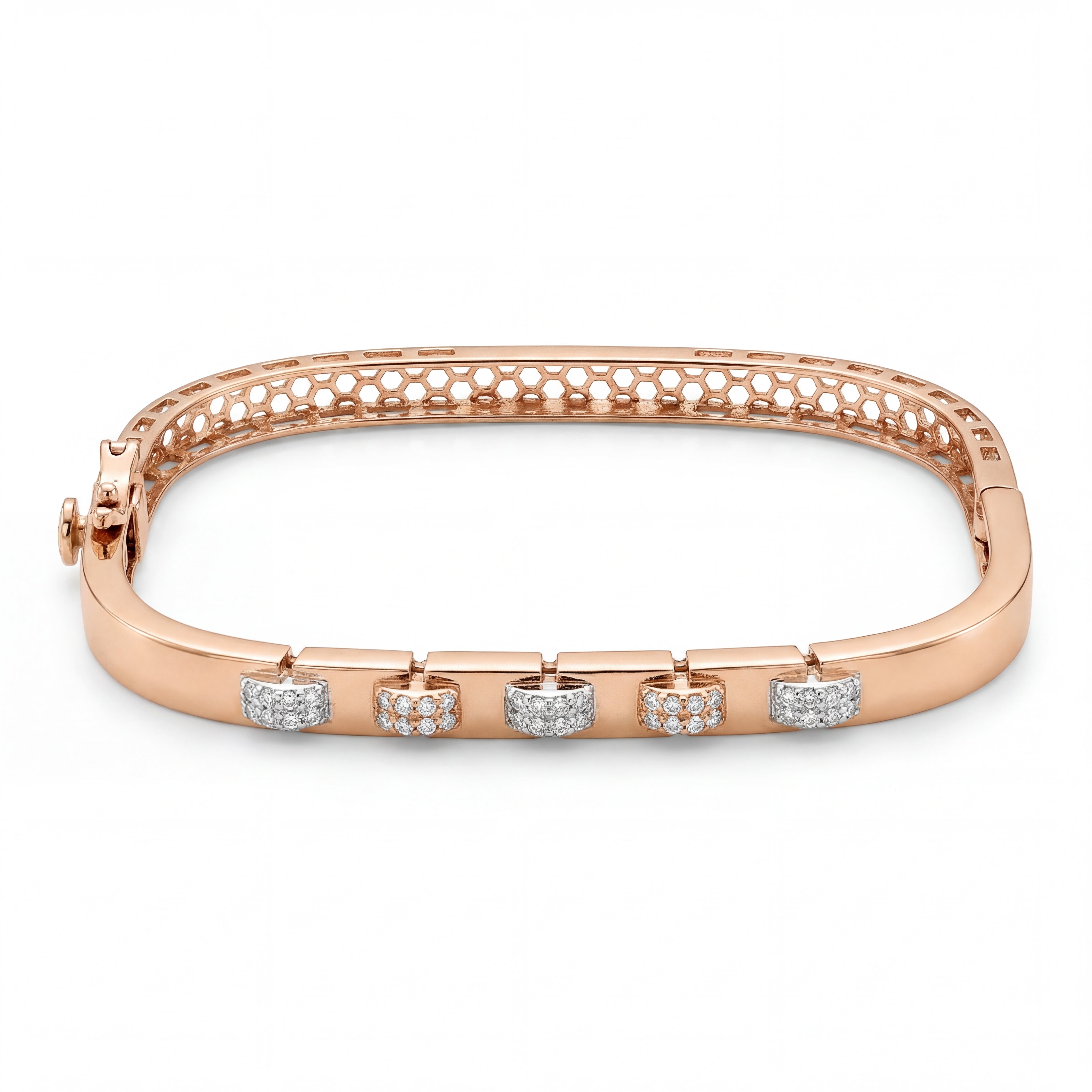 Beautiful 18KT rose gold bracelet showcasing sleek curved design with alternating diamond-set motifs on a white background.