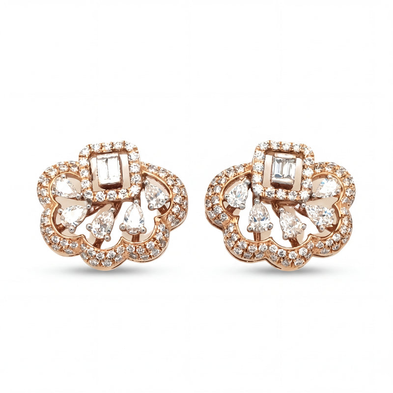 Elegant 18KT rose gold stud earrings featuring floral openwork design with baguette and pear-shaped diamonds on a white background.