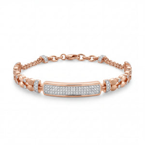 Elegant 18KT rose gold bracelet featuring a pavé diamond center bar with designer side links on a white background.