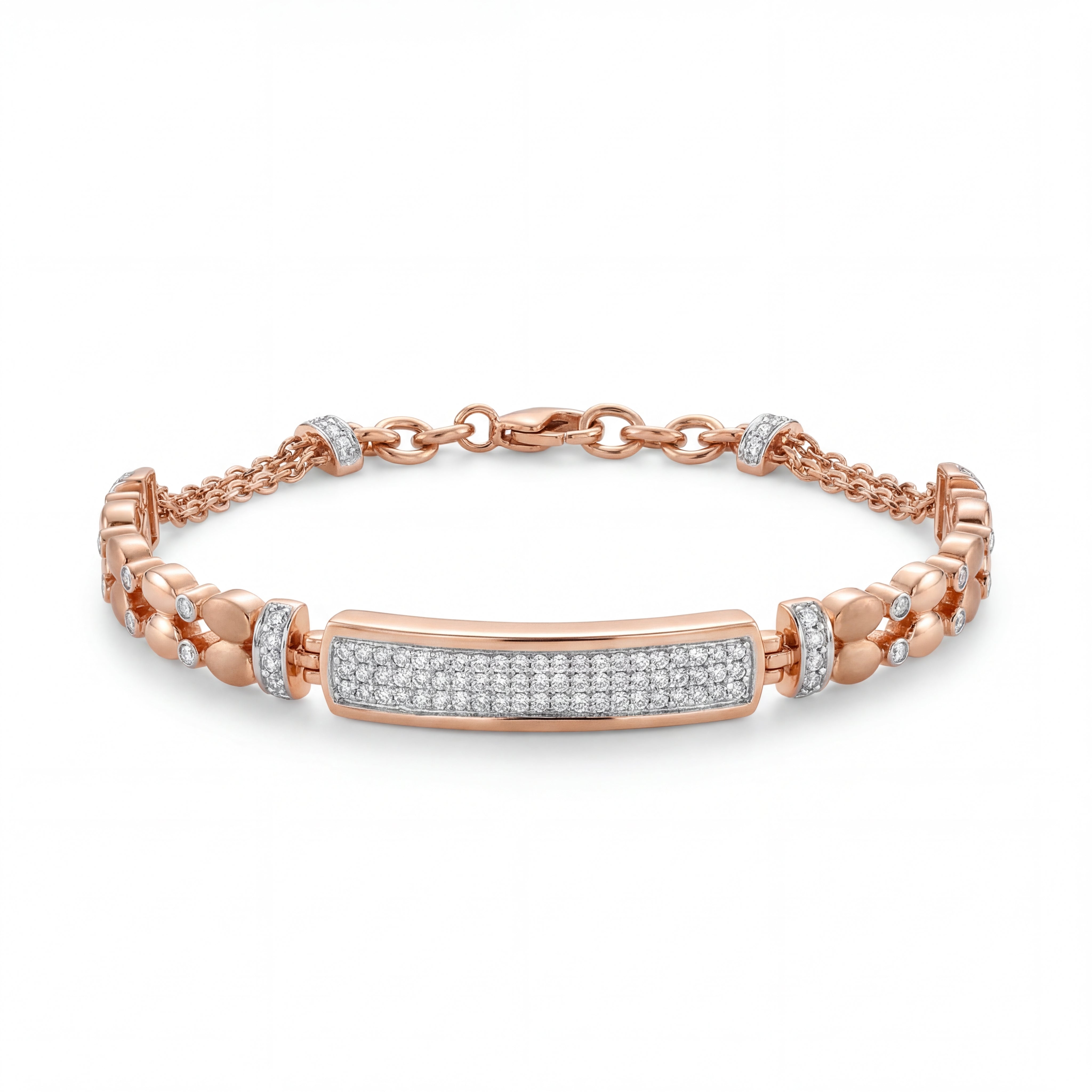 Elegant 18KT rose gold bracelet featuring a pavé diamond center bar with designer side links on a white background.