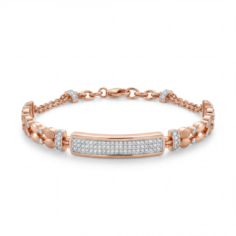 Elegant 18KT rose gold bracelet featuring a pavé diamond center bar with designer side links on a white background.