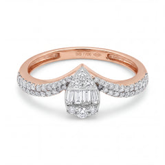 Elegant 18KT rose gold ring featuring a geometric diamond cluster centerpiece with pavé diamond band detailing on a white background.